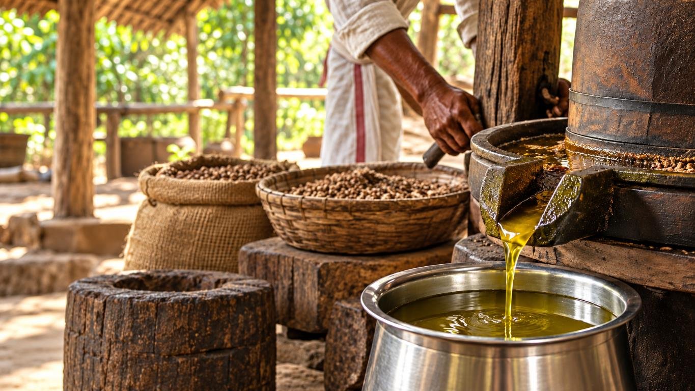 Golden oil freshly pressed into a steel vessel