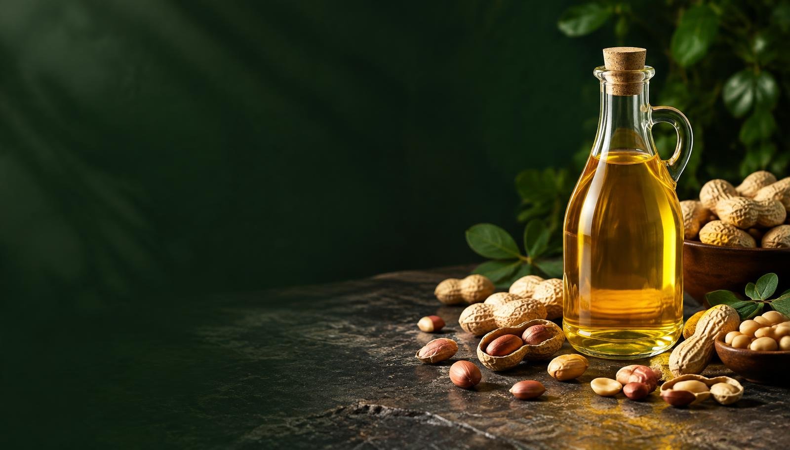 Golden groundnut oil surrounded by fresh peanuts